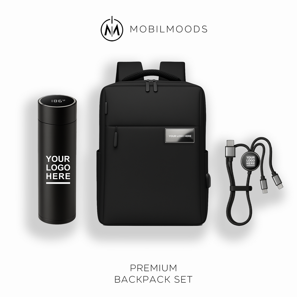 BX-08, Personalized Company Logo Backpack Gift Set, Custom Backpack Gift Box, Personalized Portable Charger, Company Employee Holiday Gift