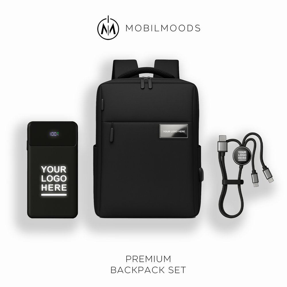 BX-05, Personalized Company Logo Backpack Gift Set, Custom Backpack Gift Box, Personalized Portable Charger, Company Employee Holiday Gift