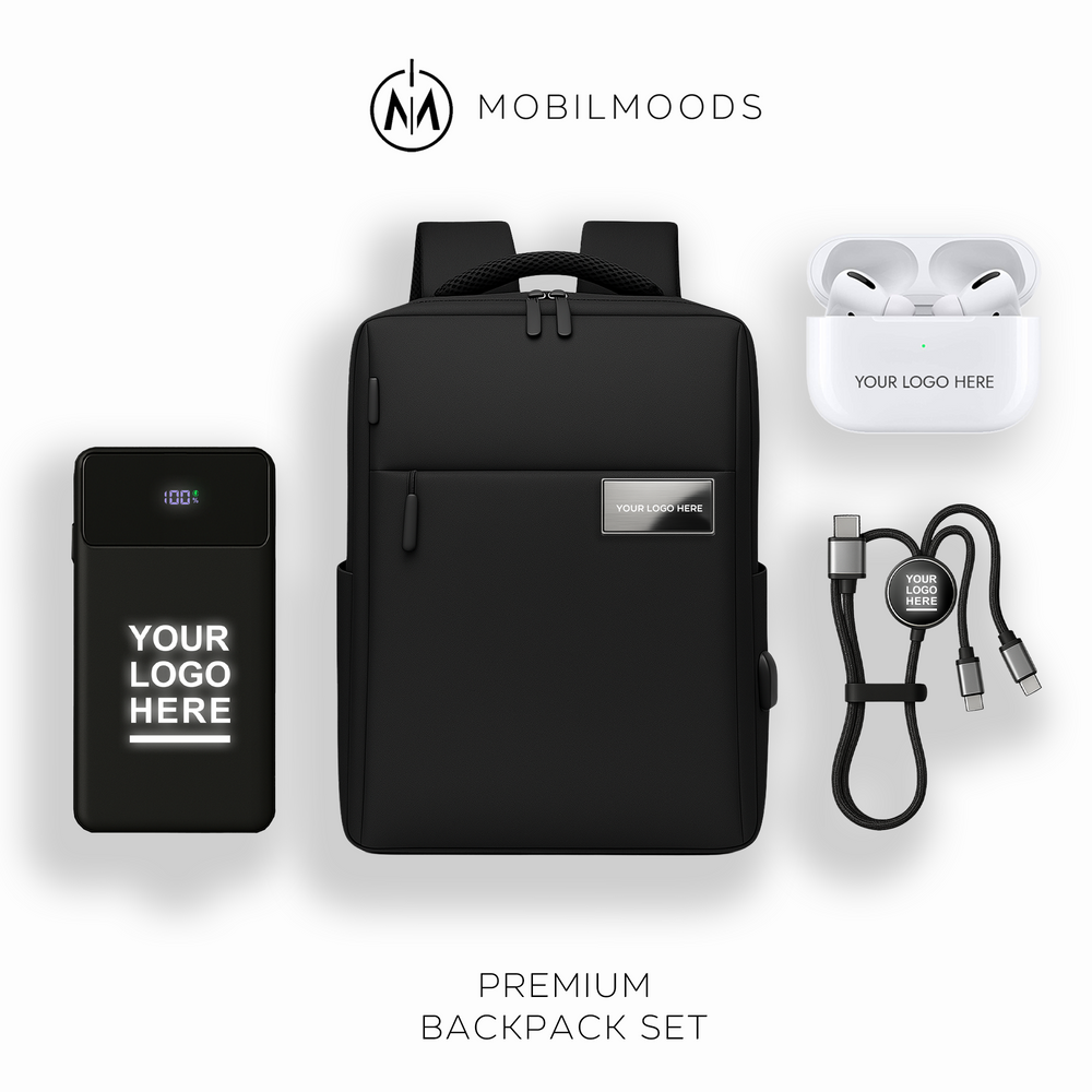 BX-04, Personalized Company Logo Backpack Gift Set, Custom Backpack Gift Box, Personalized Portable Charger, Company Employee Holiday Gift