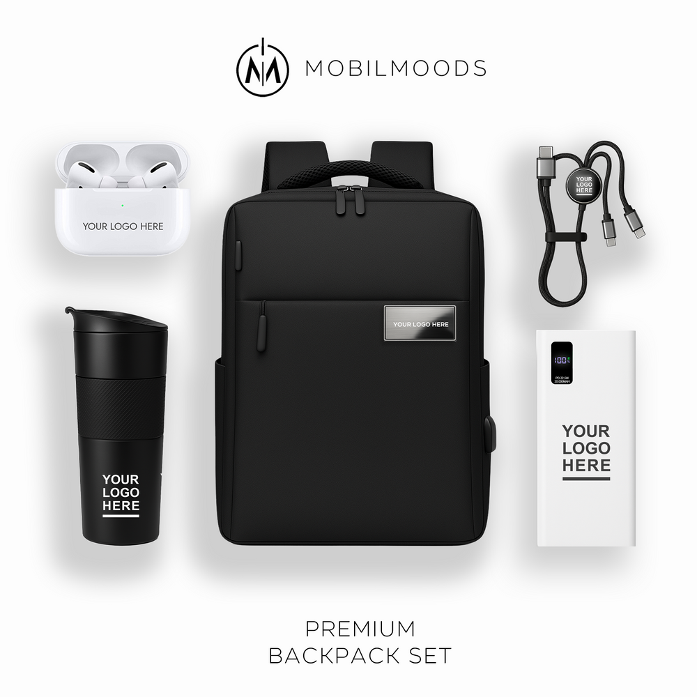 BX-11, Personalized Company Logo Backpack Gift Set, Custom Backpack Gift Box, Personalized Portable Charger, Company Employee Holiday Gift Backpack