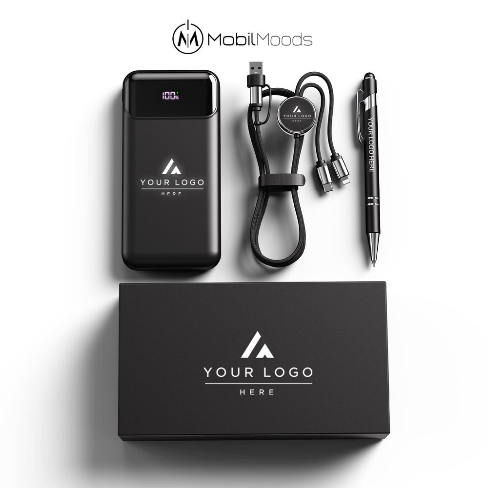 Branded Light-Up Corporate Gift Box, 10000mAh Power Bank with Built-In Cables, Bulk Company Tech Gift, Light-Up Charging Cord and Stylus Pen