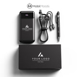 Branded Light-Up Corporate Gift Box, 10000mAh Power Bank with Built-In Cables, Bulk Company Tech Gift, Light-Up Charging Cord and Stylus Pen