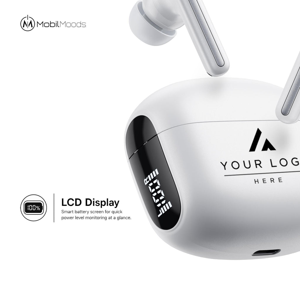 Personalization Logo ANC Wireless Earbuds, Personalized Earphones with LCD Charging Case, Bulk Employee Client Gift, Corporate Tech Swag