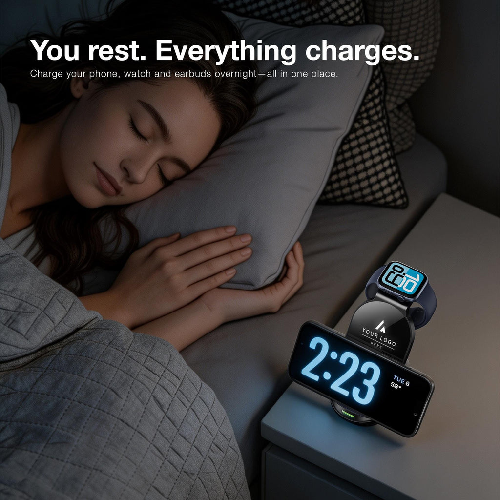Custom Company Logo 3-in-1 Charging Dock, Personalized Light Up Logo Wireless Station for Phone Watch and Earbuds, Bulk Corporate Tech Gift