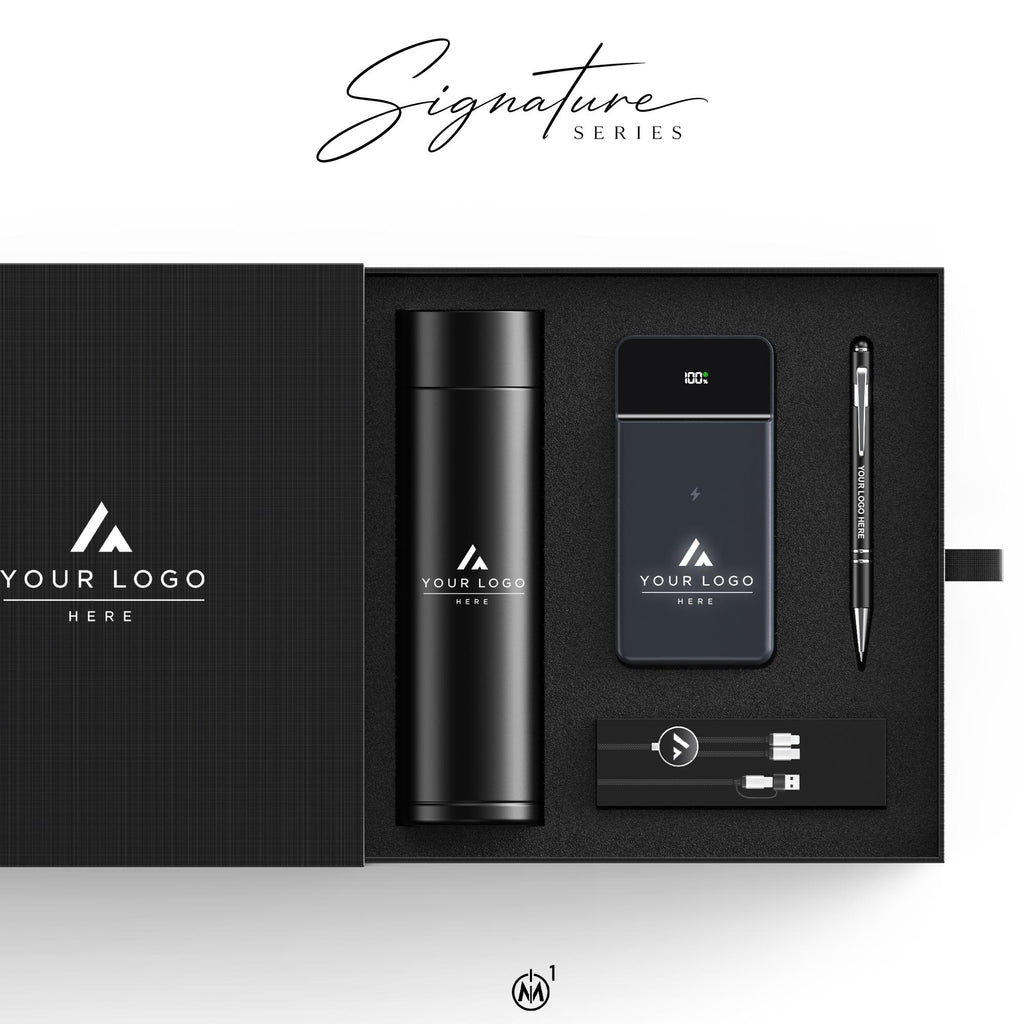 Custom Logo Corporate Gift Box, Signature Series with Smart Thermos, 10000mAh Power Bank, Charging Cable and Stylus Pen, Bulk Employee Gift