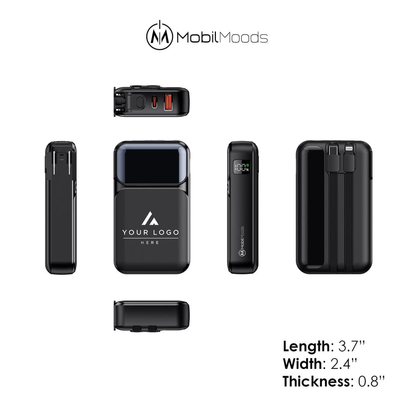 Personalized Corporate Tech Gift Set, 10000mAh Wall Plug Power Bank with Built-In Cables, Branded Employee Client Gift Box, Cable and Stylus