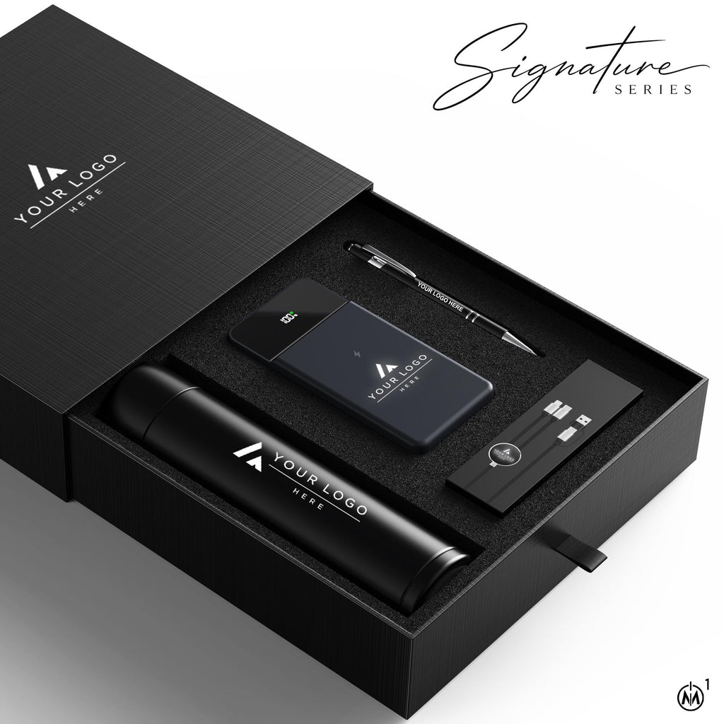 Custom Logo Corporate Gift Box, Signature Series with Smart Thermos, 10000mAh Power Bank, Charging Cable and Stylus Pen, Bulk Employee Gift