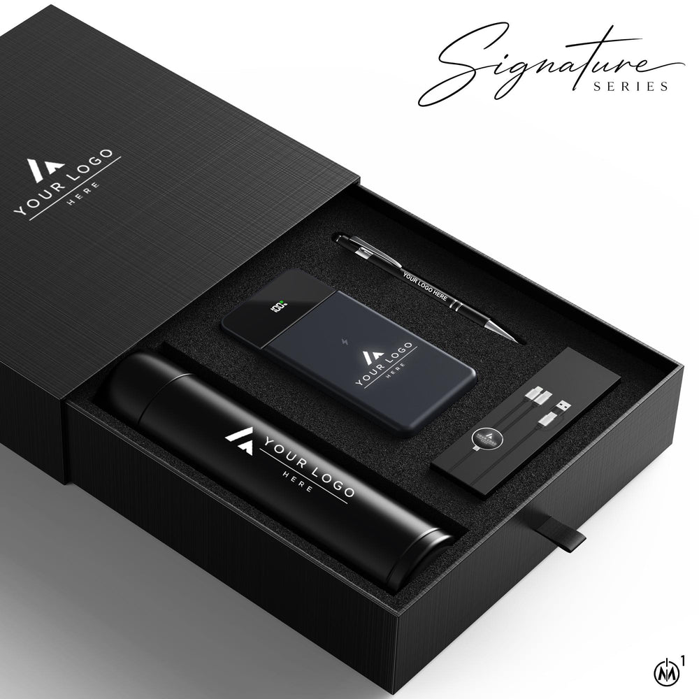 Custom Logo Corporate Gift Box, Signature Series with Smart Thermos, 10000mAh Power Bank, Charging Cable and Stylus Pen, Bulk Employee Gift