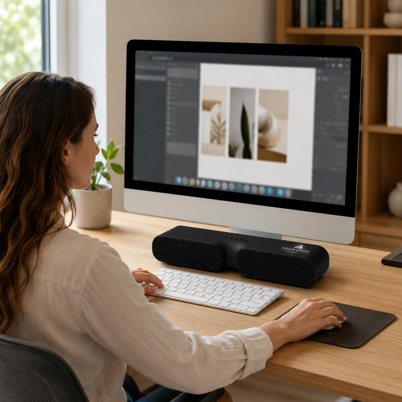 Personalized Light Up SoundBar, 20W Speaker with HDMI USB-C and SD Card, Employee Tech Gift, Client Welcome Gift SoundBar