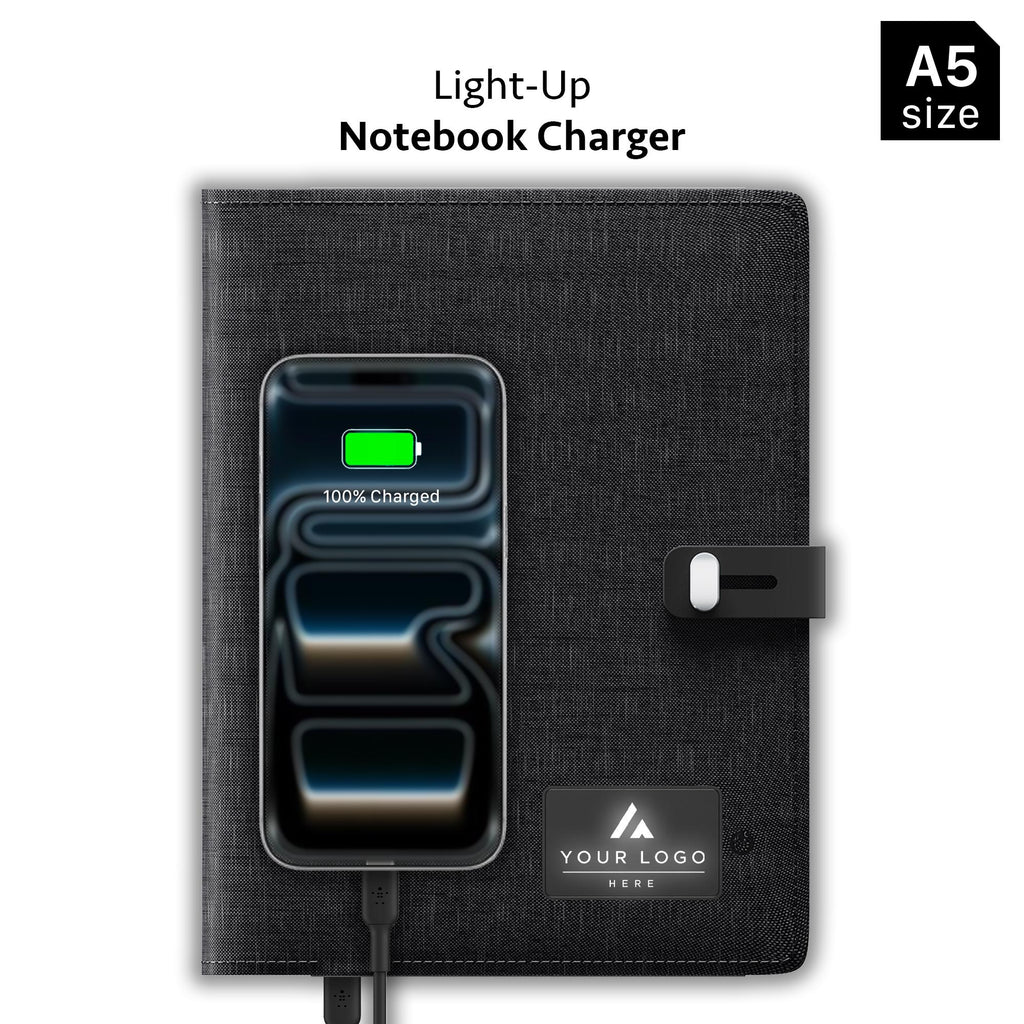 Executive Corporate Gift Box, 5000mAh Light Up Portfolio Charger, Titanium Bluetooth Speaker, Stylus Touch Pen, Charging Cable, Company Gift