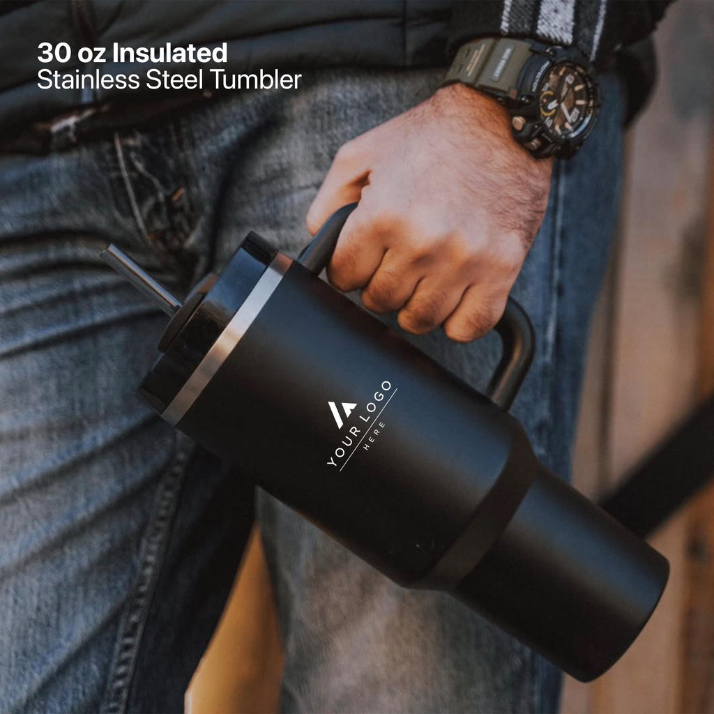 Branded Gift Set, Custom Company Logo Gift Set, 30 oz Insulated Tumbler, Adjustable Phone Stand, Light Up Charging Cable, Employee Gift Set