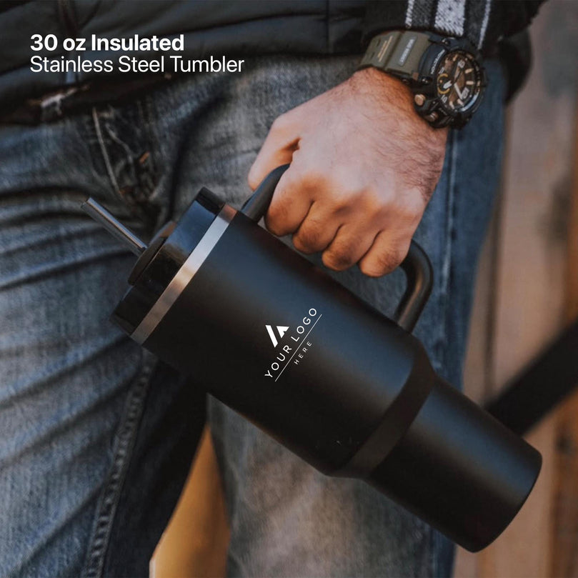 Branded Gift Set, Custom Company Logo Gift Set, 30 oz Insulated Tumbler, Adjustable Phone Stand, Light Up Charging Cable, Employee Gift Set