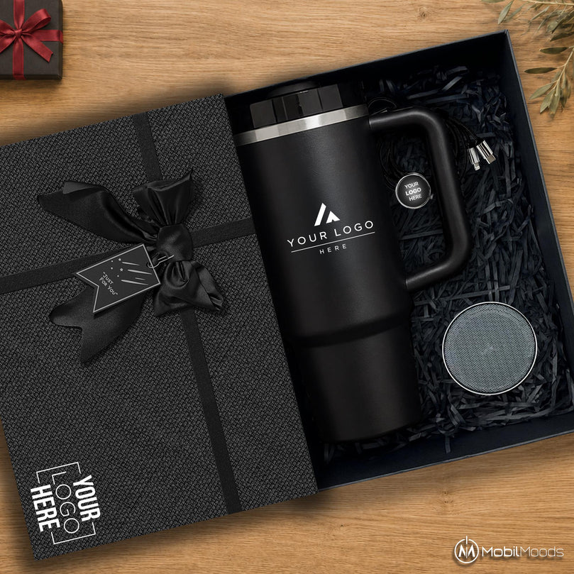 Branded Company Gift Box with Company Logo, 30 oz Insulated Tumbler, Titanium Bluetooth 5.4 Speaker, Multi Charging Cable, Employee Gift Set