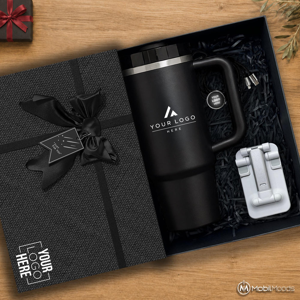 Branded Gift Set, Custom Company Logo Gift Set, 30 oz Insulated Tumbler, Adjustable Phone Stand, Light Up Charging Cable, Employee Gift Set