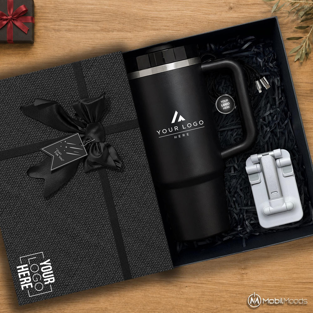 Branded Gift Set, Custom Company Logo Gift Set, 30 oz Insulated Tumbler, Adjustable Phone Stand, Light Up Charging Cable, Employee Gift Set