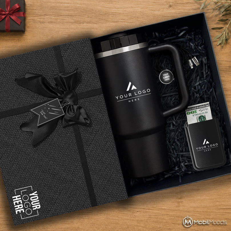 Company Logo Gift Box, Business Logo Gift Set, 30 oz Insulated Tumbler, MagSafe Phone Wallet, Light Up Charging Cable, Employee Gift Set