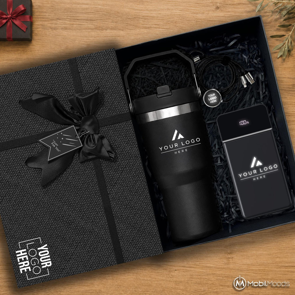 Premium Employee Gift Set with Company Logo, 20 oz Ice Flow Stainless Steel Tumbler, 10000mAh MagSafe Light Up Power Bank, Charging Cable