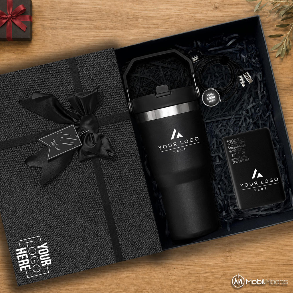 Executive Corporate Gift Box with Company Logo, 20 oz Ice Flow Stainless Steel Tumbler, 10000mAh Titanium MagSafe Power Bank, Light Up Cable