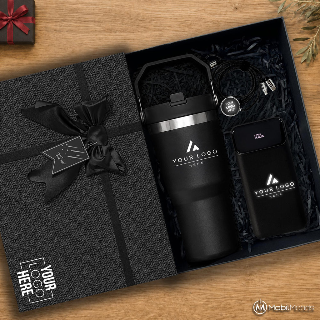 Branded Corporate Gift Set with Company Logo, 20 oz Ice Flow Tumbler, 10000mAh Light Up Built In Cable Power Bank, Premium Employee Gift Box