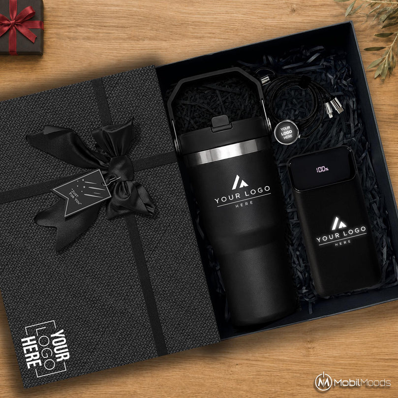 Branded Corporate Gift Set with Company Logo, 20 oz Ice Flow Tumbler, 10000mAh Light Up Built In Cable Power Bank, Premium Employee Gift Box