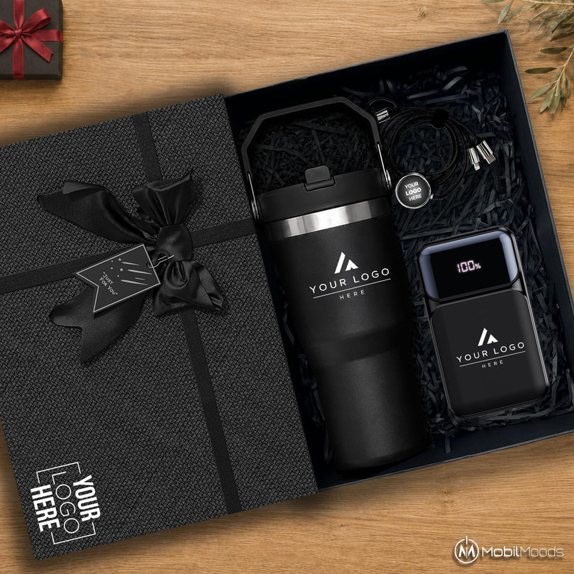 Premium Corporate Gift Box with Company Logo, 20 oz Ice Flow Tumbler, 20W PD Wall Charger Power Bank, Light Up Cable, Employee Gift Set