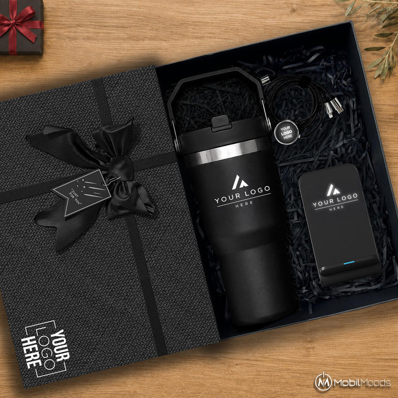 Client Appreciation Corporate Gift Box, Company Logo 20 oz Ice Flow Tumbler, 10W Light Up Wireless Charging Station, Charging Cable