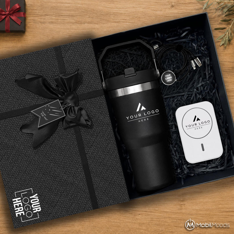 Branded Business Gift Box, 20 oz Ice Flow Tumbler, 15W MagSafe Wireless Car Charger, Light Up Cable, Company Logo Corporate Gift Set