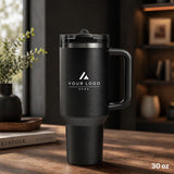 Personalized 30 oz Insulated Tumbler with Handle, Custom Logo Travel Cup, Construction Crew Gift Tumbler, Company Driver Gift Tumbler