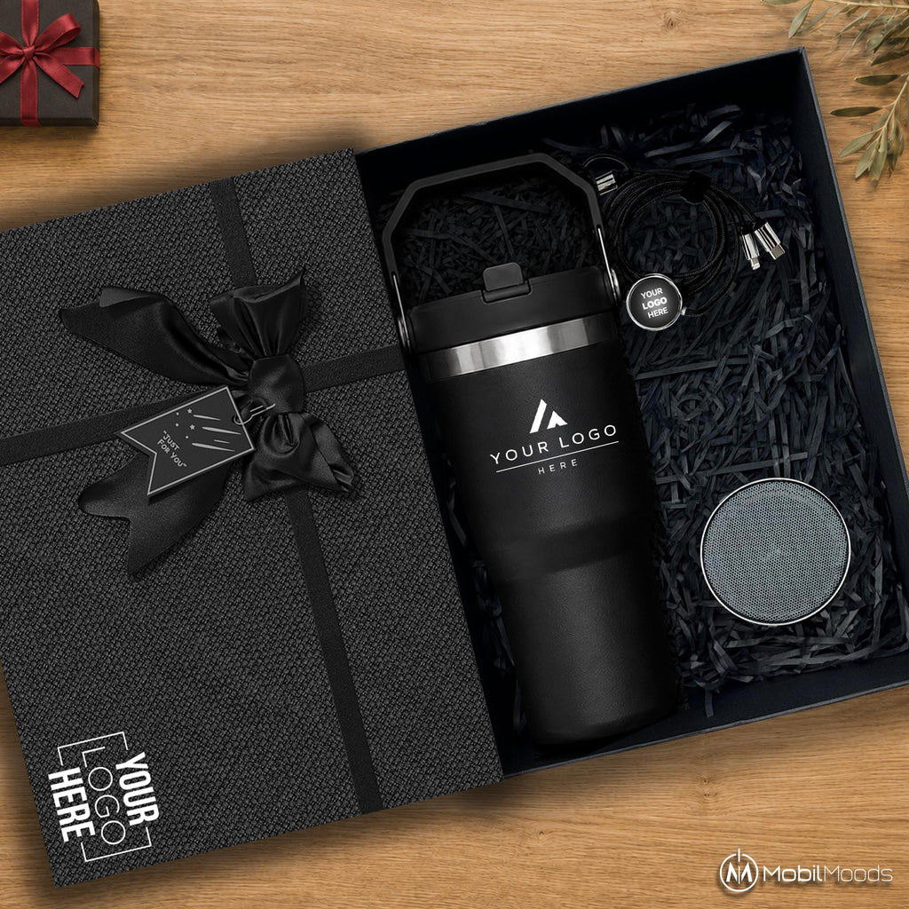 Executive Tech Gift Box, 20 oz Ice Flow Tumbler, Titanium Bluetooth 5.4 Speaker, Light Up Charging Cable, Company Logo Corporate Gift Set