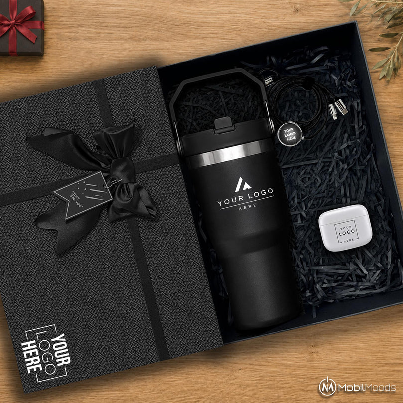 Premium Corporate Gift Box, 20 oz Ice Flow Tumbler, ANC Wireless Earbuds with Clear Sound, Light Up Cable, Company Logo Employee Gift Set