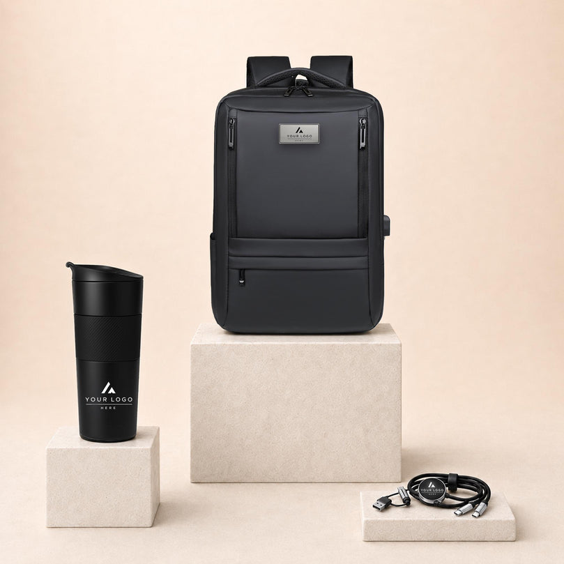 Personalized Oxford Backpack Gift Set with Thermos and Tech Accessories, Custom Logo Onboarding Package for Engineering Firms