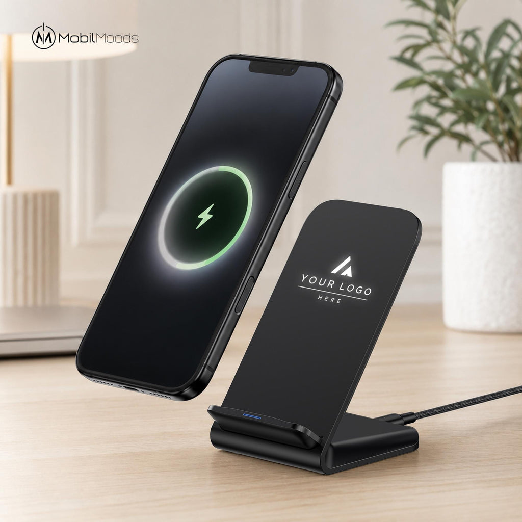 Premium Business Gift Set, 24 oz Double Wall Thermos, 10W Light Up Wireless Docking Station, Charging Cable, Company Logo Corporate Gift Box