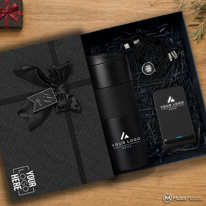 Corporate Appreciation Gift Box, 18 oz Premium Tumbler, 10W Light Up Wireless Docking Station, Charging Cord, Company Logo Business Gift Set