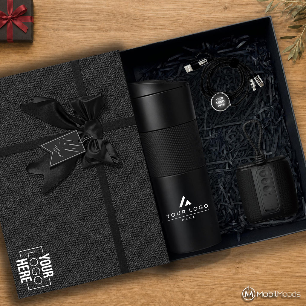 Client Appreciation Gift Set, Custom 18 oz Premium Tumbler, Bluetooth 5.4 Light Up Speaker, Charging Cord, Company Logo Corporate Gift Box