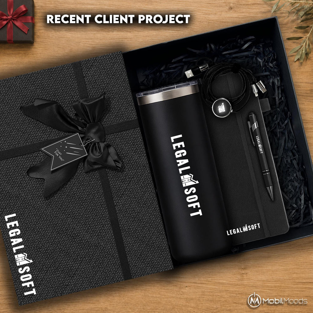 New Hire Welcome Gift Box, 16 oz Insulated Tumbler, Vegan Leather Lined Journal, Stylus Touch Pen, Light Up Cable, Corporate Gift Set