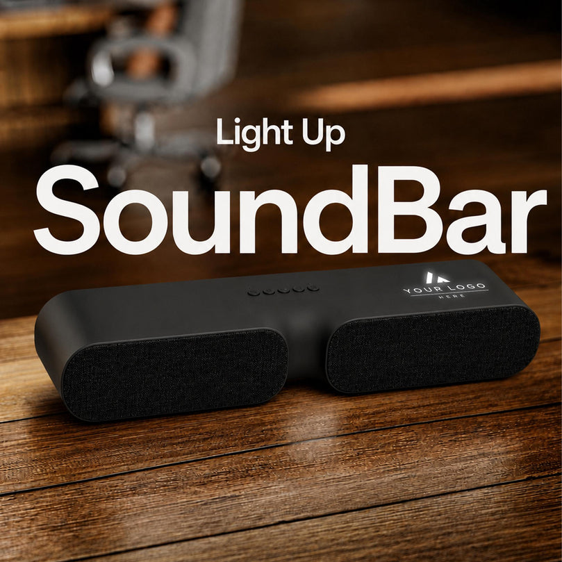 Personalized Light Up SoundBar, 20W Speaker with HDMI USB-C and SD Card, Employee Tech Gift, Client Welcome Gift SoundBar