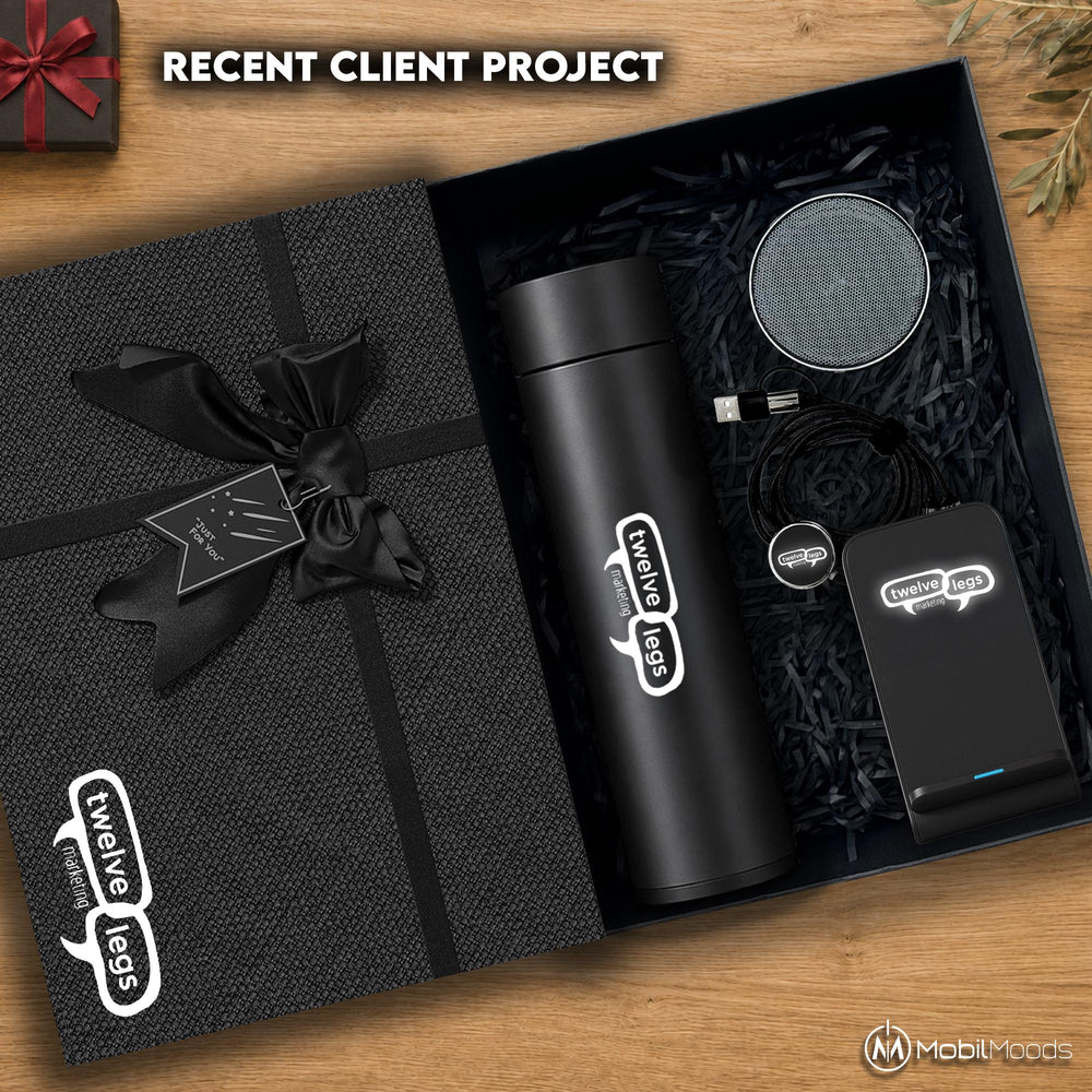 Personalized Branded Tech Gift Box with Smart Thermos, Custom 10W Light-Up Wireless Charger, Custom Bluetooth Speaker & Charging Cable Gift