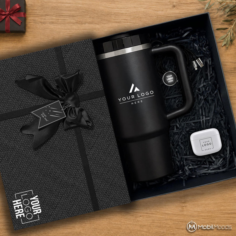 Personalized Corporate Gift Box, Custom Gift Set with Company Logo, Branded 30 oz Insulated Tumbler, ANC Earbuds, Light Up Charger Gift Box