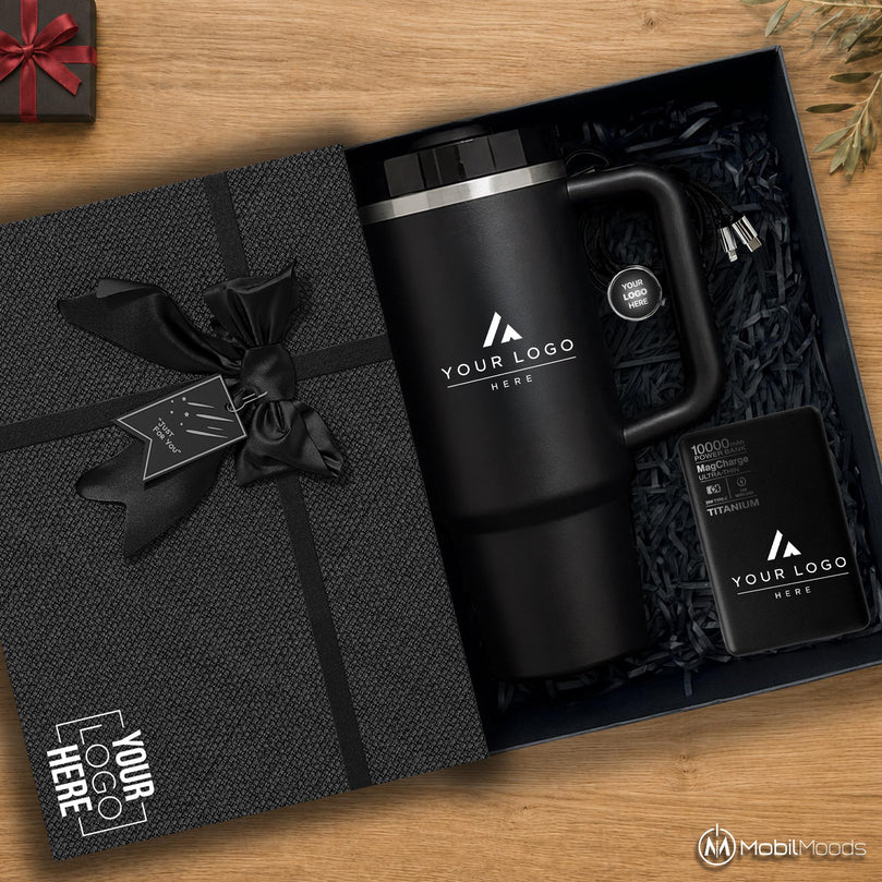 Business Gift Box, Company Logo Gift Set, 30 oz Tumbler, 10000mAh MagSafe Titanium Portable Charger, Light Up Cable, Custom Client Gift Box