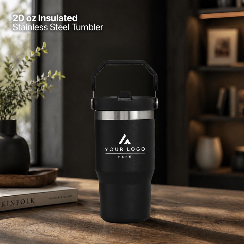 Modern Corporate Gift Set with Company Logo, Custom 20 oz Ice Flow Tumbler, 15W Light Up 3 in 1 Wireless Docking Station, Charging Cable Set