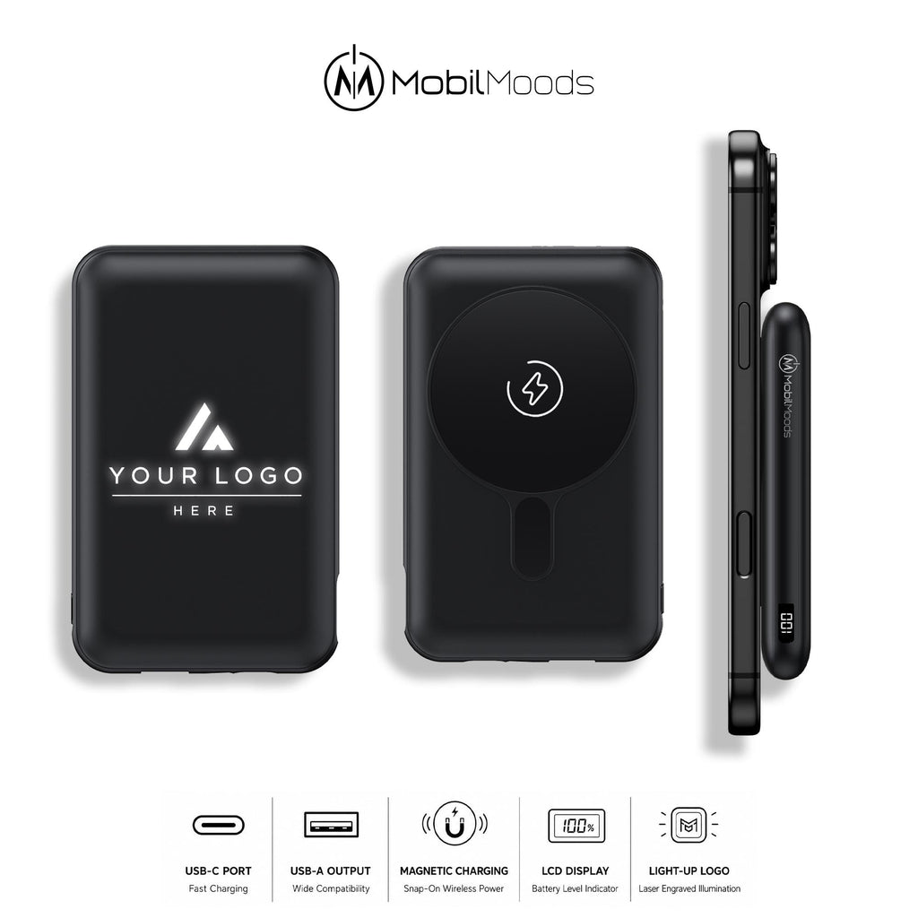 Premium Employee Gift Set with Company Logo, 20 oz Ice Flow Stainless Steel Tumbler, 10000mAh MagSafe Light Up Power Bank, Charging Cable