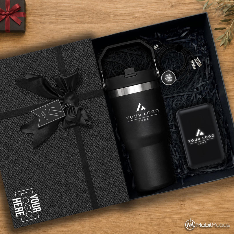 Premium Employee Gift Set with Company Logo, 20 oz Ice Flow Stainless Steel Tumbler, 10000mAh MagSafe Light Up Power Bank, Charging Cable