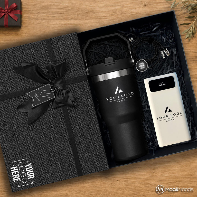 Employee Corporate Gift Set with Company Logo, 20 oz Ice Flow Tumbler, 10000mAh 22.5W PD Power Bank with LCD, Light Up Charging Cable