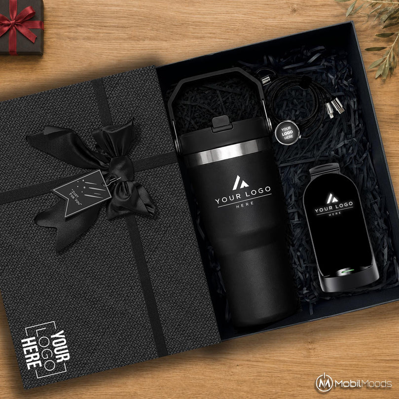 Modern Corporate Gift Set with Company Logo, Custom 20 oz Ice Flow Tumbler, 15W Light Up 3 in 1 Wireless Docking Station, Charging Cable Set