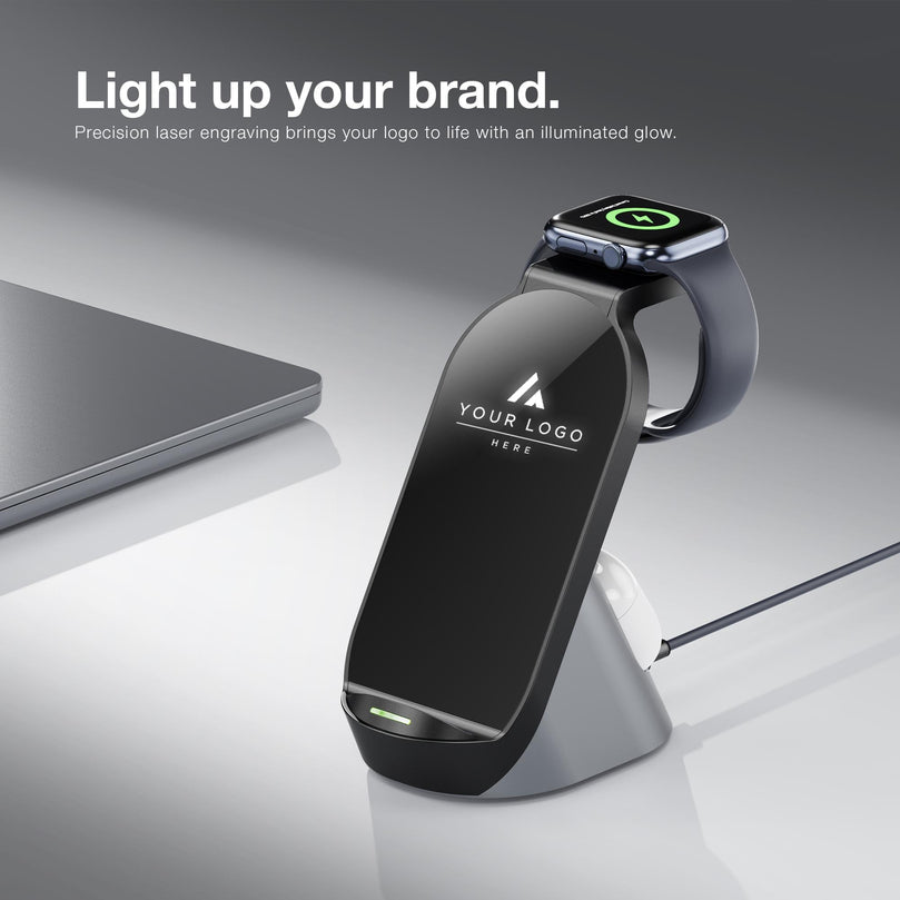 Modern Corporate Gift Set with Company Logo, Custom 20 oz Ice Flow Tumbler, 15W Light Up 3 in 1 Wireless Docking Station, Charging Cable Set