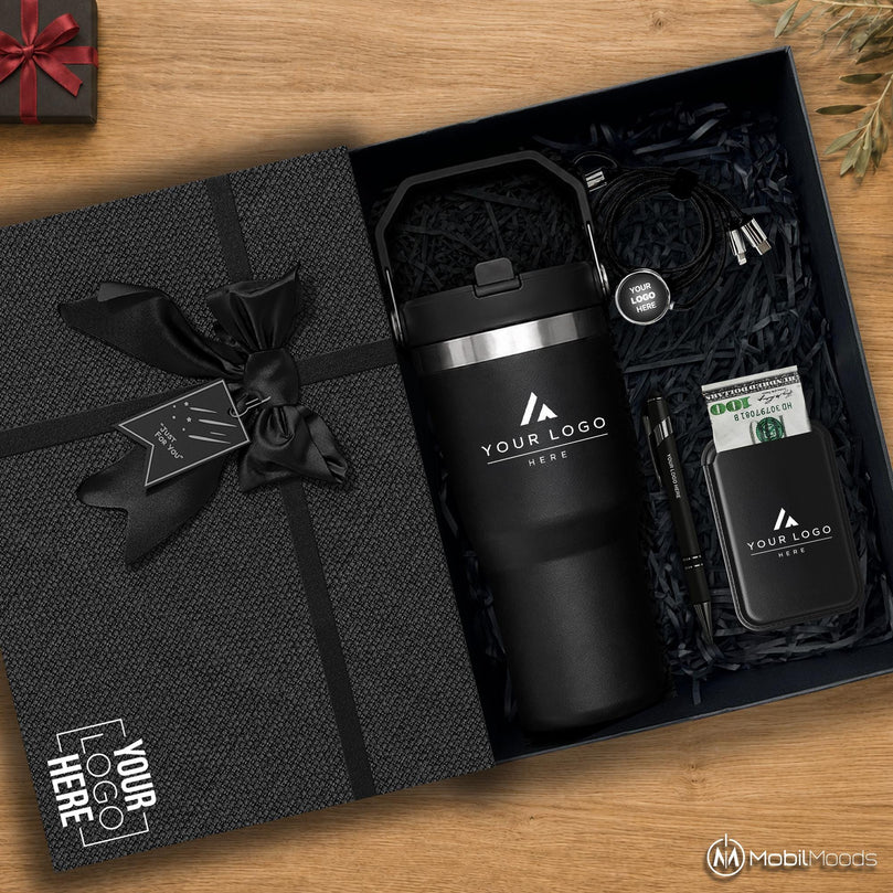 Company Logo Gift Set, 20 oz Ice Flow Stainless Steel Tumbler, MagSafe Phone Wallet, Light Up Charging Cable, Premium Corporate Gift Box