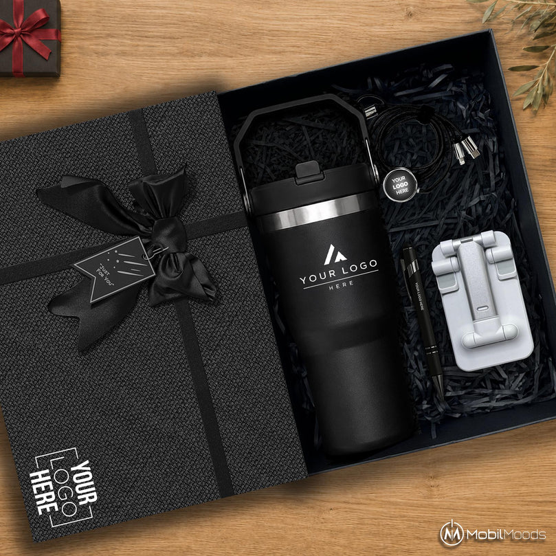 Company New Hire Corporate Gift Set, 20 oz Ice Flow Tumbler, Adjustable Phone Stand, Light Up Charging Cable, Company Logo Employee Gift Box