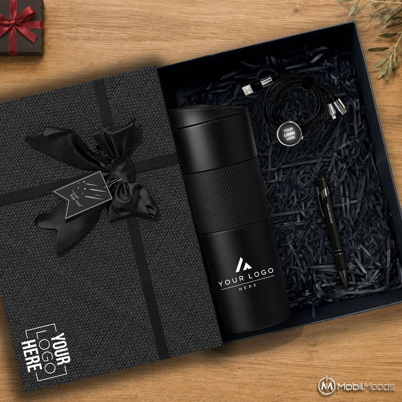 Branded Employee Gift Set, 18 oz Premium Stainless Steel Tumbler, Stylus Touch Pen, Light Up Charging Cable, Company Logo Corporate Gift Box