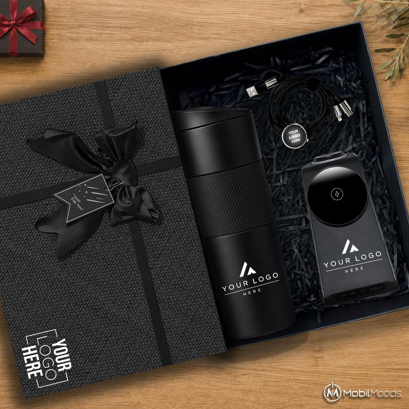 Premium Client Gift Box, 18 oz Stainless Steel Tumbler, 3 in 1 MagSafe Wireless Charger, Stylus Pen, Light Up Cable, Corporate Gift Set