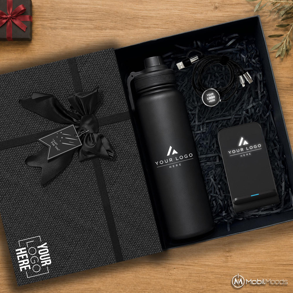 Premium Business Gift Set, 24 oz Double Wall Thermos, 10W Light Up Wireless Docking Station, Charging Cable, Company Logo Corporate Gift Box